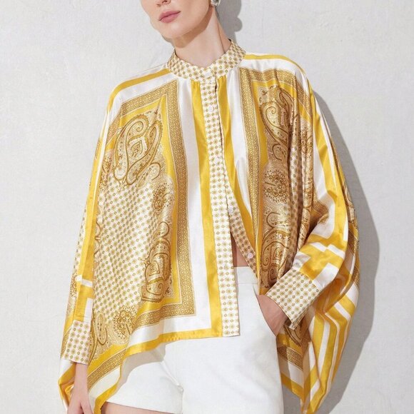 Yellow Women's Casual Color Block Print Design Long Sleeve Loose Fit Blouse - Picture 6 of 6